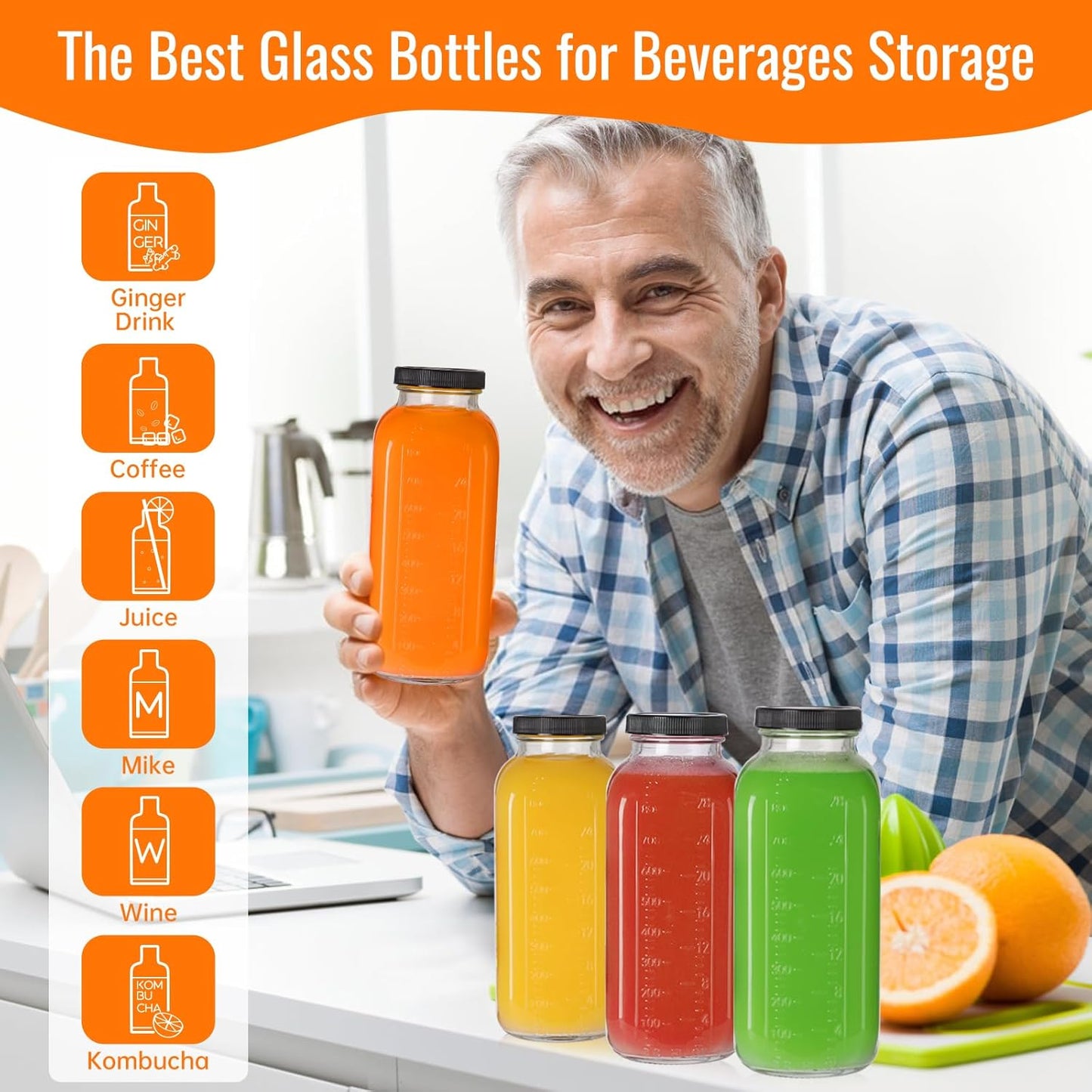 STARSIDE 32 oz Glass Juice Bottles with Lids 2 Pack - Square Reusable Drinking Jars for Juicing, Milk, Kombucha - Includes 1 Bottle Brush, 6 Colored Labels