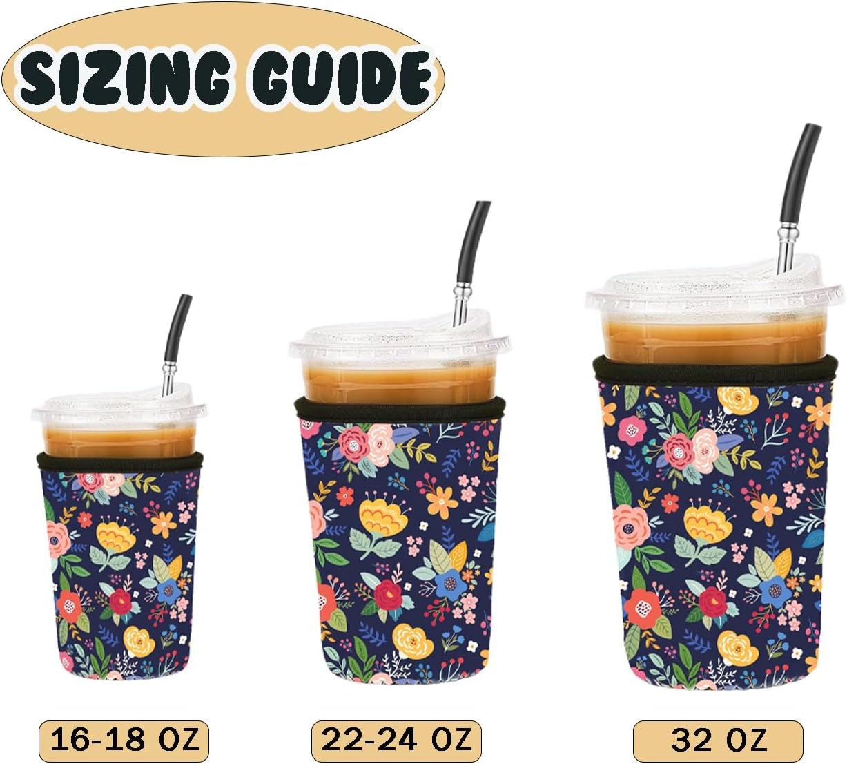 Reusable 3-Pack Iced Coffee Cup Sleeve, Insulated Neoprene, Beverage Holder for Iced Coffee, Durable Drink Sleeve for Cold Beverages, Lunar Garden