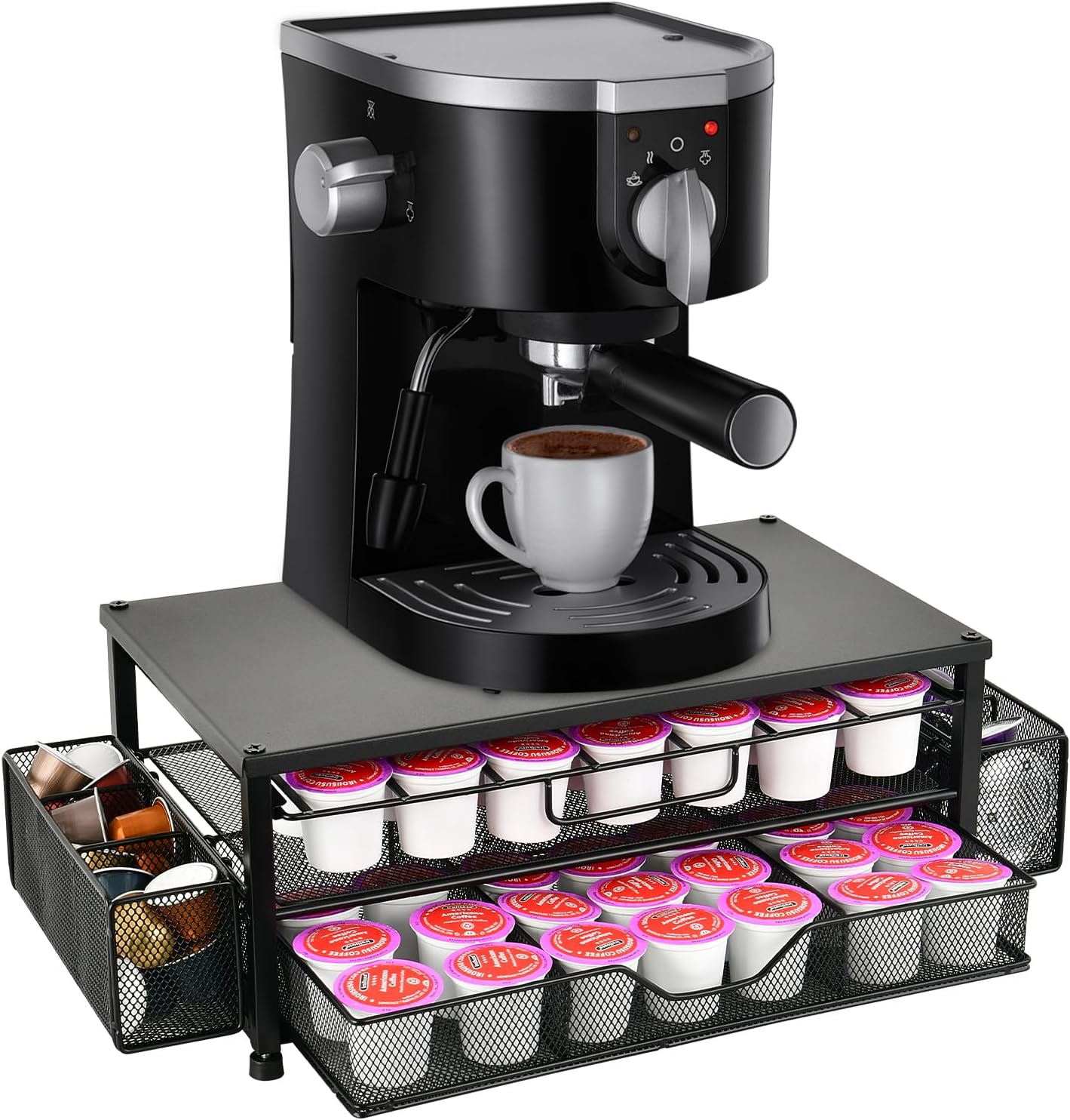 Spacrea K Cup Holder Organizer- Coffee Pod Holder for Counter with 2 Tier Sliding Storage Drawer, Coffee Station Bar Accessories Holder, 63 Large or 80 Small Capsules, Home Kitchen (Black)