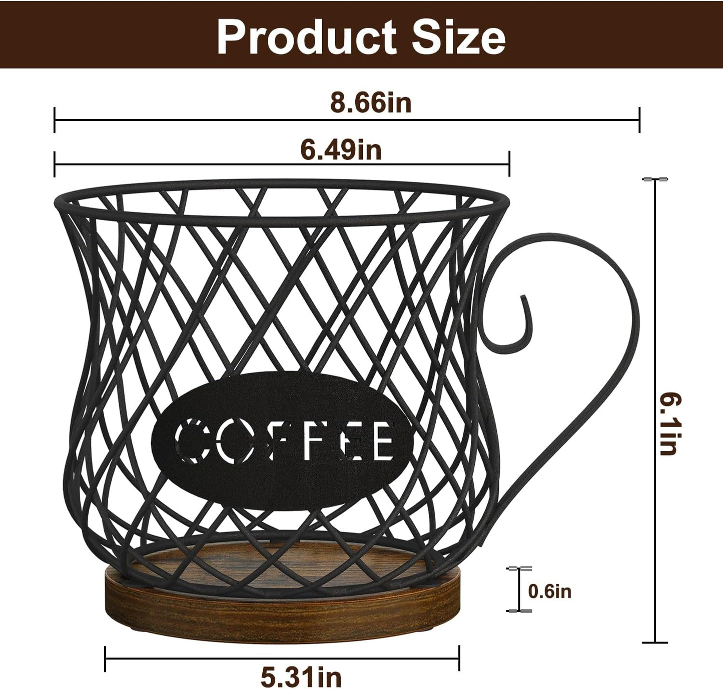 YINMIT K Cup Holder Organizer, Rustic Coffee Pod Holder Organizer, 35 Kcup Holder for Counter with Handle，Large Capacity Black Wire Coffee Capsule Basket for Kitchen Office Desktop (Circular Grid)