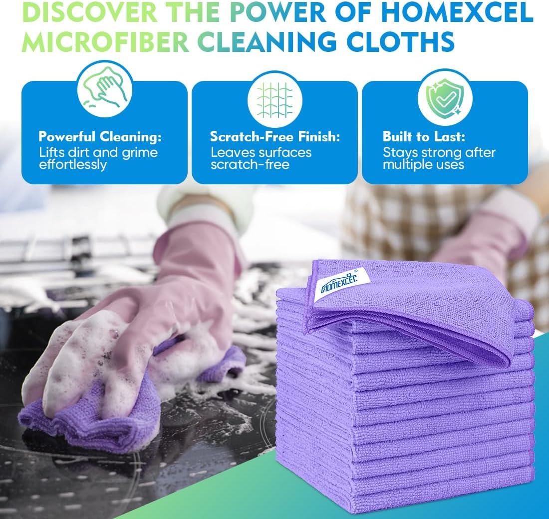 HOMEXCEL Microfiber Cleaning Cloth 12 Pack 12.5 x 12.5 Inch Microfiber Towels for Cars Ultra Absorbent Cleaning Rags Lint Free Cleaning Towels for Household Kitchen, Window Car Purple