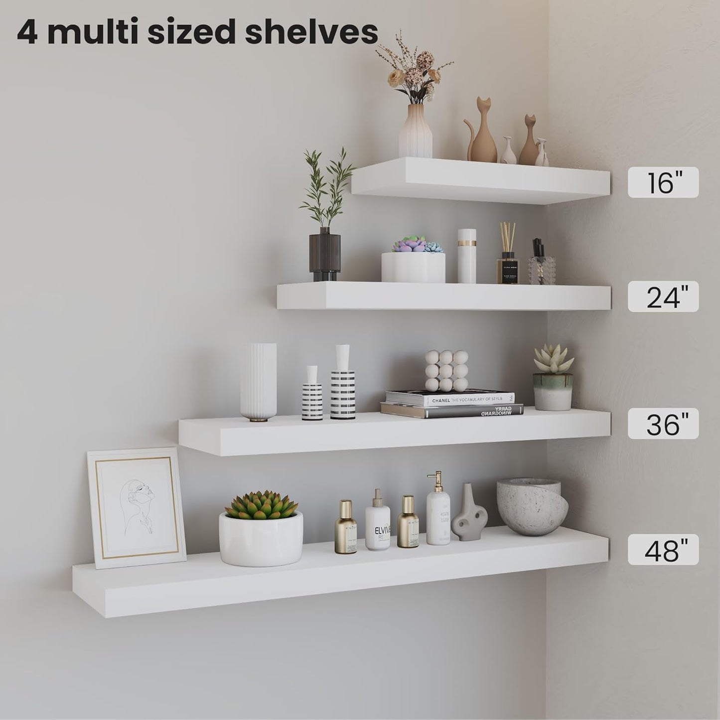 Vivelove Wooden Floating Shelves for Wall 36” x 8”x 1.4”, Solid Wood Shelf with Invisible Brackets, Deep Wall Shelves for Bathroom, LivingRoom, Kitchen, Bedroom, Modern Home Decor, Set of 2 - White