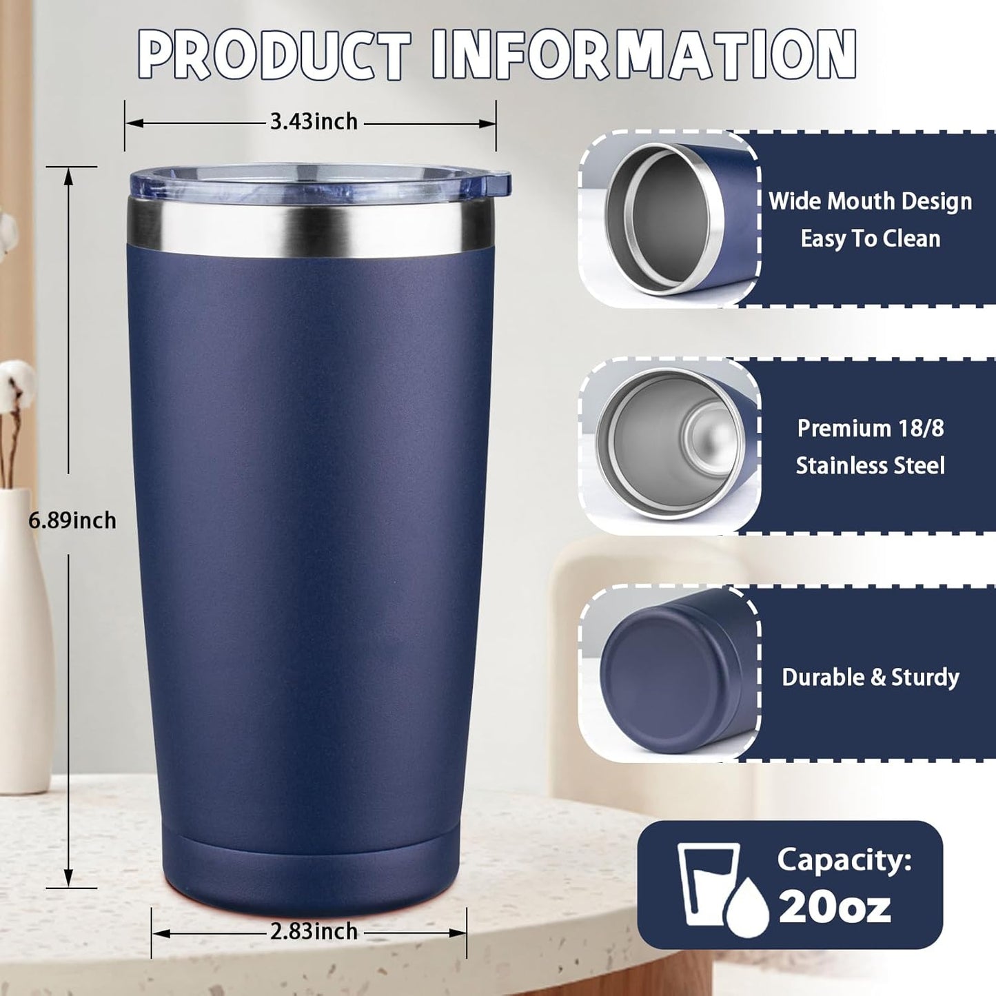 20 oz Tumbler with Lids and Straws, Stainless Steel Insulated Coffee Tumbler, Double Wall Vacuum Insulated Travel Mug Cup, Leakproof Thermal Coffee Cup for Hot and Cold Drinks (navy blue)