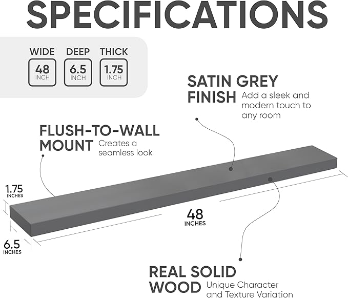 Homeforia Gray Floating Shelf 48 inch, High End Solid Real Wood 48inch Floating - Image 3