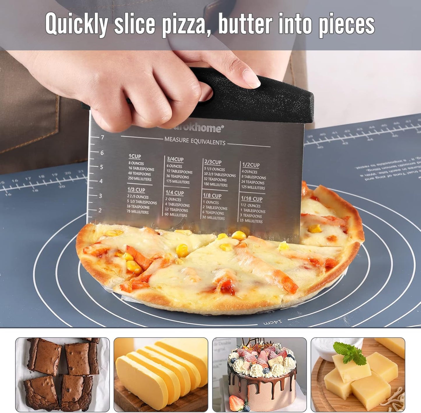 Ourokhome Dough Pastry Bench Cutter Scraper, Stainless Steel Pizza Cutter for Kitchen Baking, Dishwasher Safe, Anti-Wear Laser-Engraved Measuring Scale and Conversion Chart, 2 Pack, Black