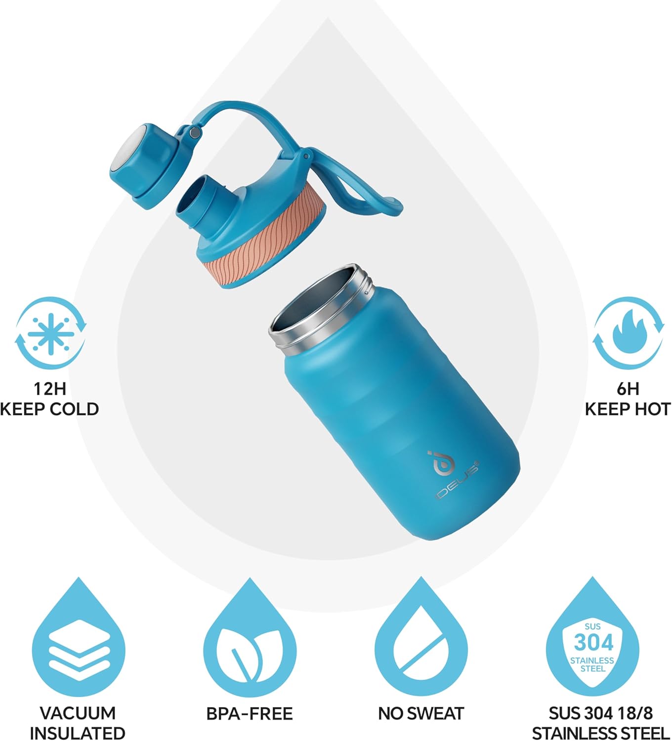 IDEUS Insulated Water Bottle 12oz, Stainless Steel Insulated Water Bottle For School, Insulated Bottles With Straws Leakproof, Vacuum Double Wall Water Bottles For Boys And Girls With 2 Lids, BPA Free