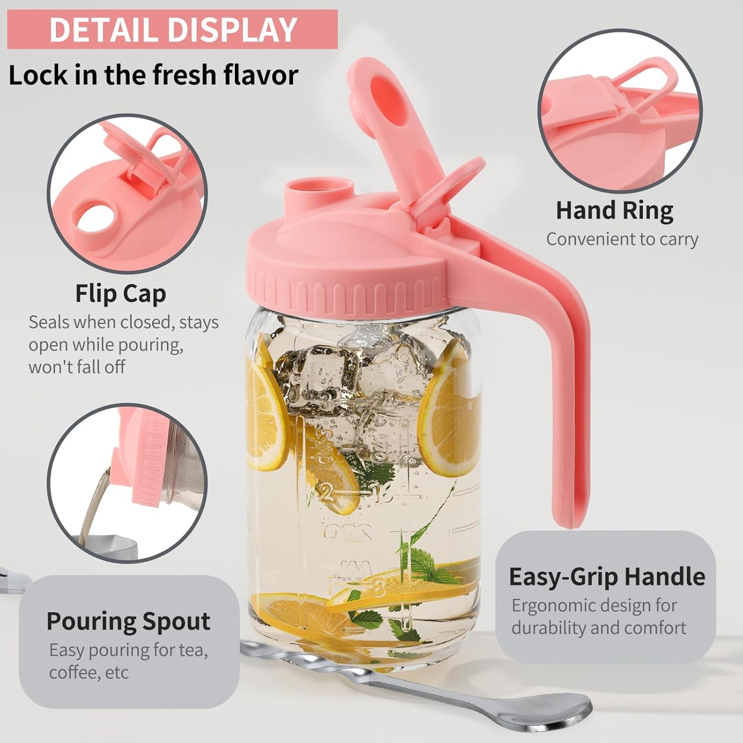 64oz Glass Pitcher with Lid &Pour Spout - 2 Quart Breastmilk Pitcher Double Leak Proof, Creamer Container for Sun Tea, Juice, Cold Brew Coffee, Breastmilk Storage Container -Pink Lid