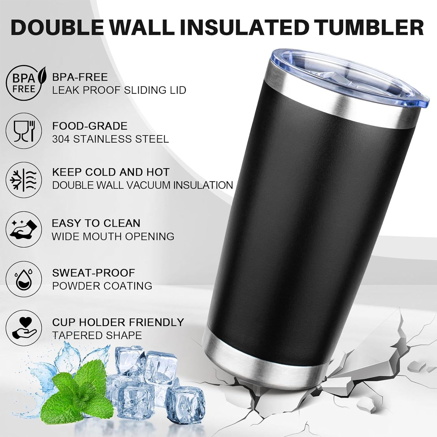 20oz Tumbler with Lid Double Wall Vacuum Insulated Travel Coffee Mug Stainless Steel Thermal Cup Powder Coated Sturdy Coffee Tumbler Bulk for Hot and Cold Beverage (Black,6)
