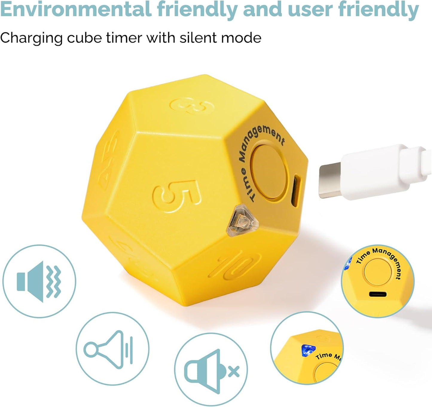 KADAMS Pomodoro Cube Timer Productivity-11 Preset Countdowns, Flip-to-Start Gravity Activation - Sound Vibrate Mute Rechargeable - Ideal for ADHD Kid Kitchen Classroom Cook Study Exercise - Yellow