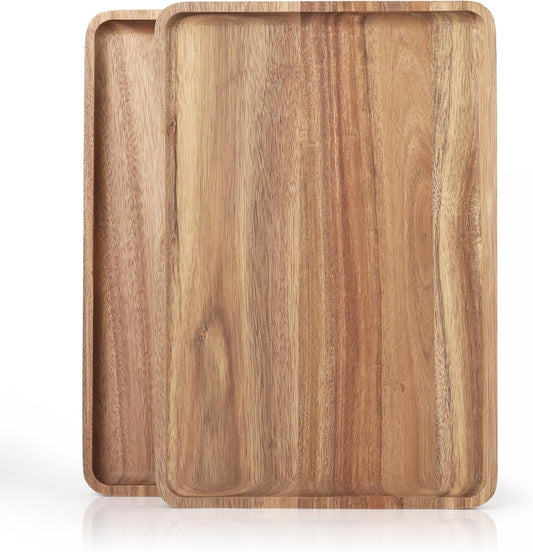 2pcs 15"x10" Large Solid Acacia Wood Serving Trays Rectangular Wooden Serving Platters Natural Wooden Boards for Bar Coffee Party（Wood Log Color）