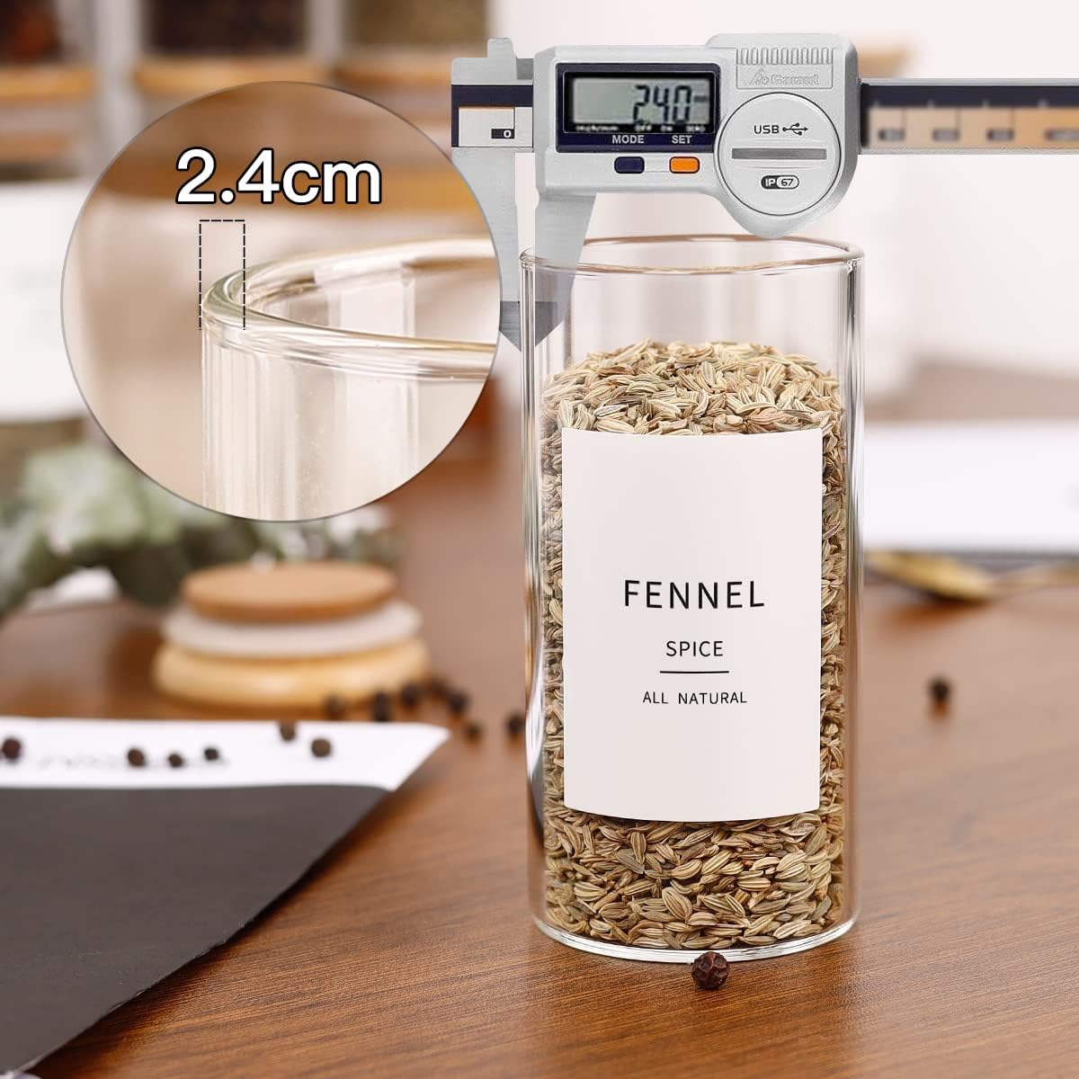 24 Pcs Glass Jars With 296 Spice Labels Preprinted of White and Black Color- 4oz Thicken(2.4mm) Empty Small Herb Seasoning Containers With Bamboo Airtight Lids