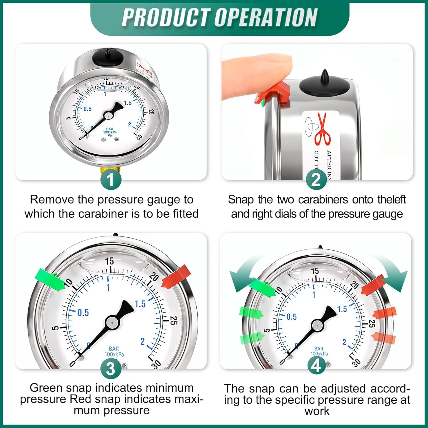 0-30psi Stainless Steel 1/4" NPT 2.5" Dial, Glycerin Liquid Filled Pressure Gauge Lower Mount Designed for Pressure Testing of Water, Oil and Air (with Range Mark Pointer)