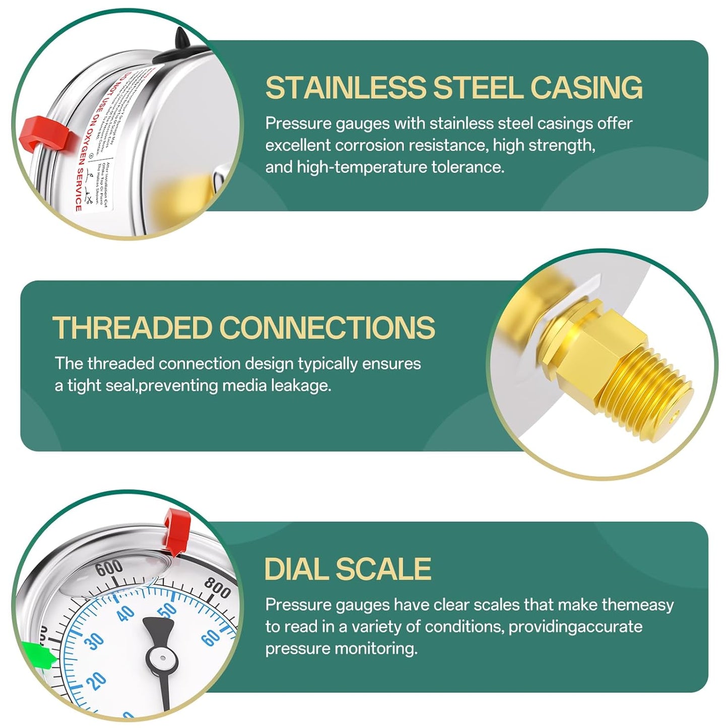 0-1000PSI Stainless Steel Liquid Filled Pressure Gauge, 2.5" Dial Size, 1/4" NPT Back Mount, for Tube, Water Pump, Gas, Liquid, Pressure Test (with Range Mark Pointer)
