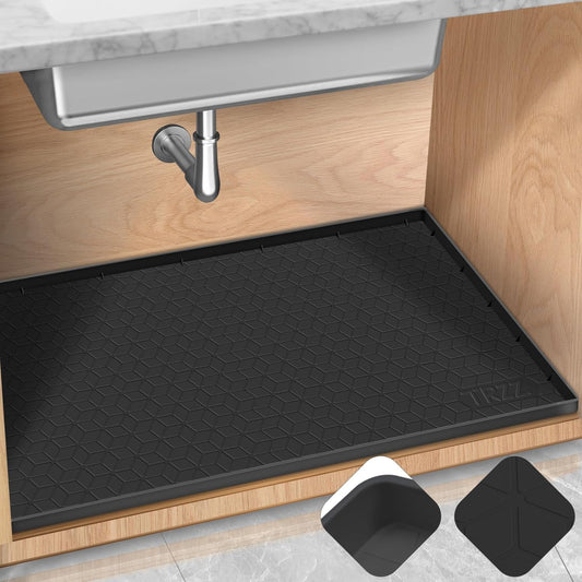 TRZZ Silicone Waterproof Under Sink Mat 28" x 19", Drip Tray and Cabinet Liner for Kitchen and Bathroom, Prevents Water Damage and Organizes Cabinets (Black)