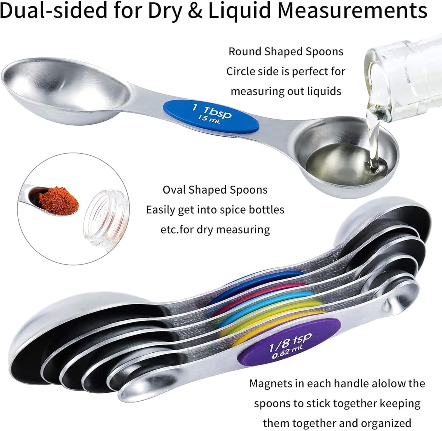 TILUCK measuring cups and magnetic measuring spoons set, stainless steel measuring cups, 6 double-sided stainless steel measuring spoons & 1 leveler(7+7)