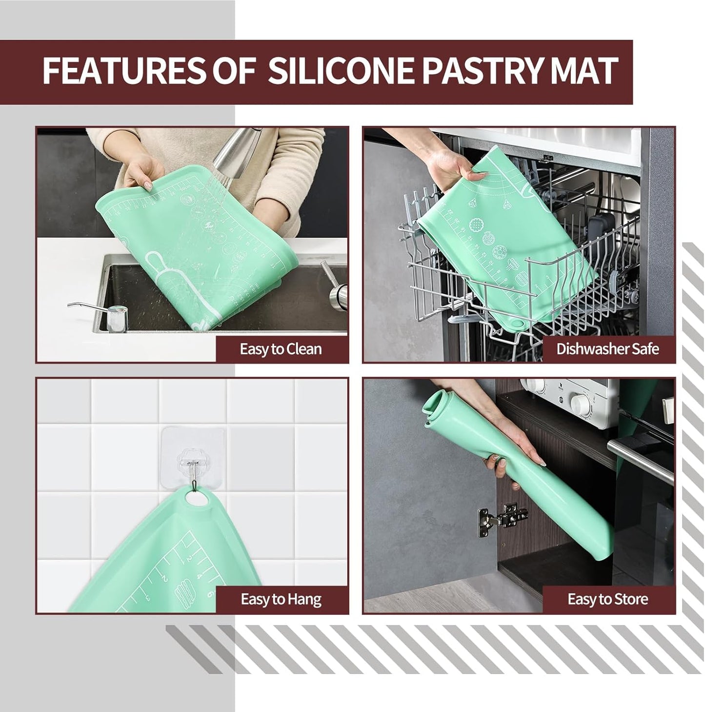 Silicone Baking Mat 20"L x 28"W, Extra Thick Dough Rolling Pad with Measurements and Edge Heightening, Non-stick Food Grade Silicone Pastry Mat for Pastry, Bread, Cookies