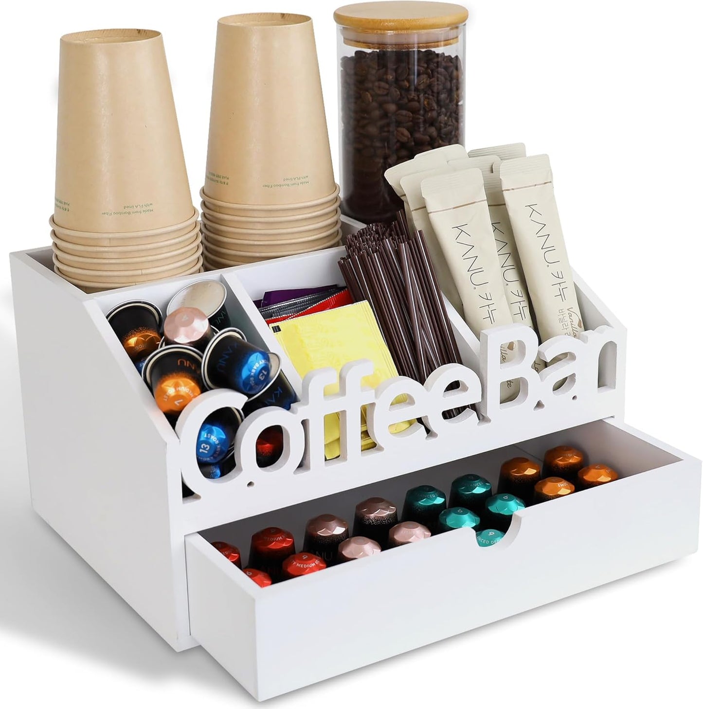 Coffee Bar Organizer for Countertop – Wooden Coffee Station with Black Drawer, Tea and K Cup Storage Rack, Coffee Pod Holder for Home and Office Counter Organization (Drawer - White)