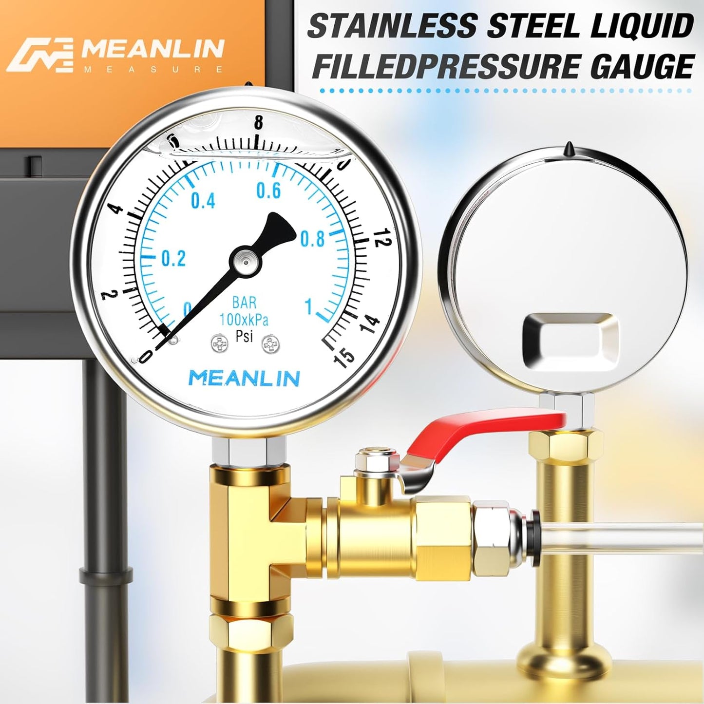 MEANLIN MEASURE 0~15Psi Liquid Filled Pressure Gauge Stainless Steel with 316 Stainless Steel Joint 1/4" NPT 2.5" FACE DIAL for Water Oil Air Well Pump Tank Tire Pressure Test Lower Mount