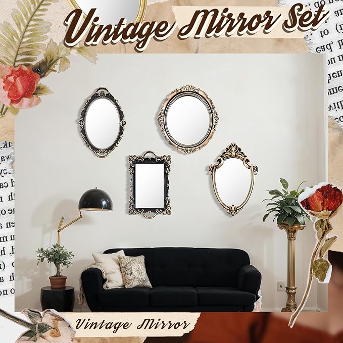 Beeveer 4 Pcs Vintage Gold Mirrors Set Decorative Hanging Wall Decor - Image 4