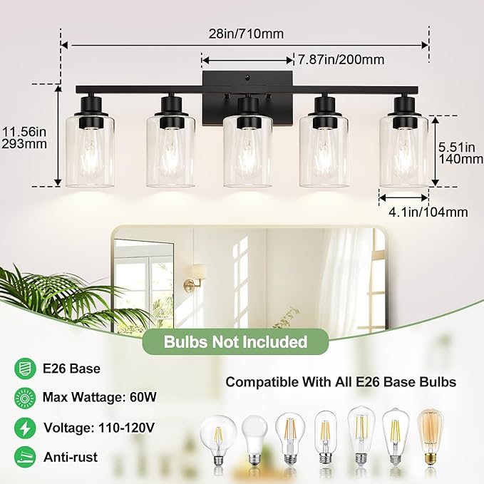 Indoi 5-Light Bathroom Light Fixtures, Matte Black Modern Vanity Lights - Image 8