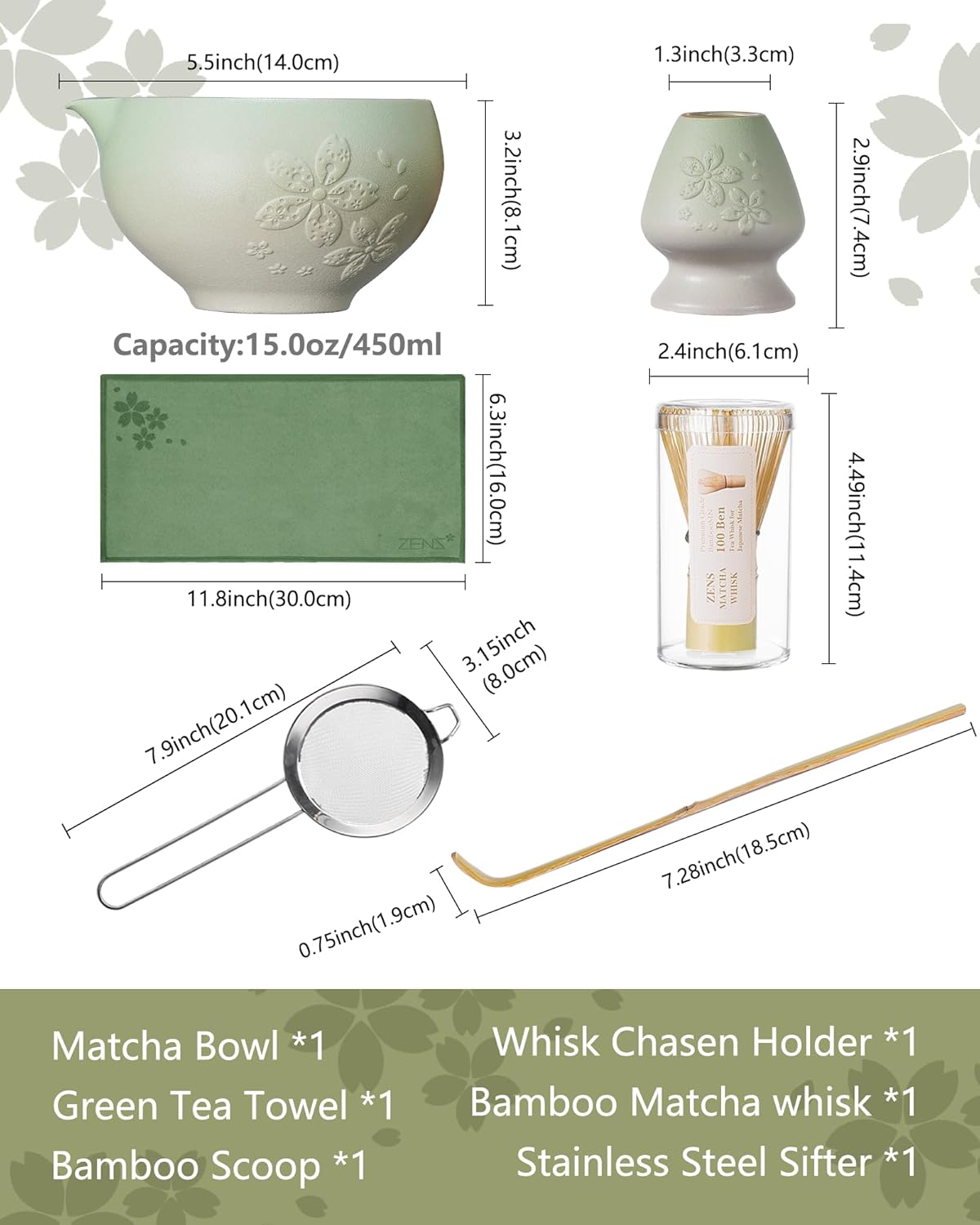 ZENS Matcha Whisk Set, Ceramic Matcha Tea Set with 15oz Sakura Bowl and Bamboo Whisk & Scoop, (Chasen Holder), Stainless Sifter-Tea Towel, 6pcs Matcha Kit for Matcha Lovers, Green