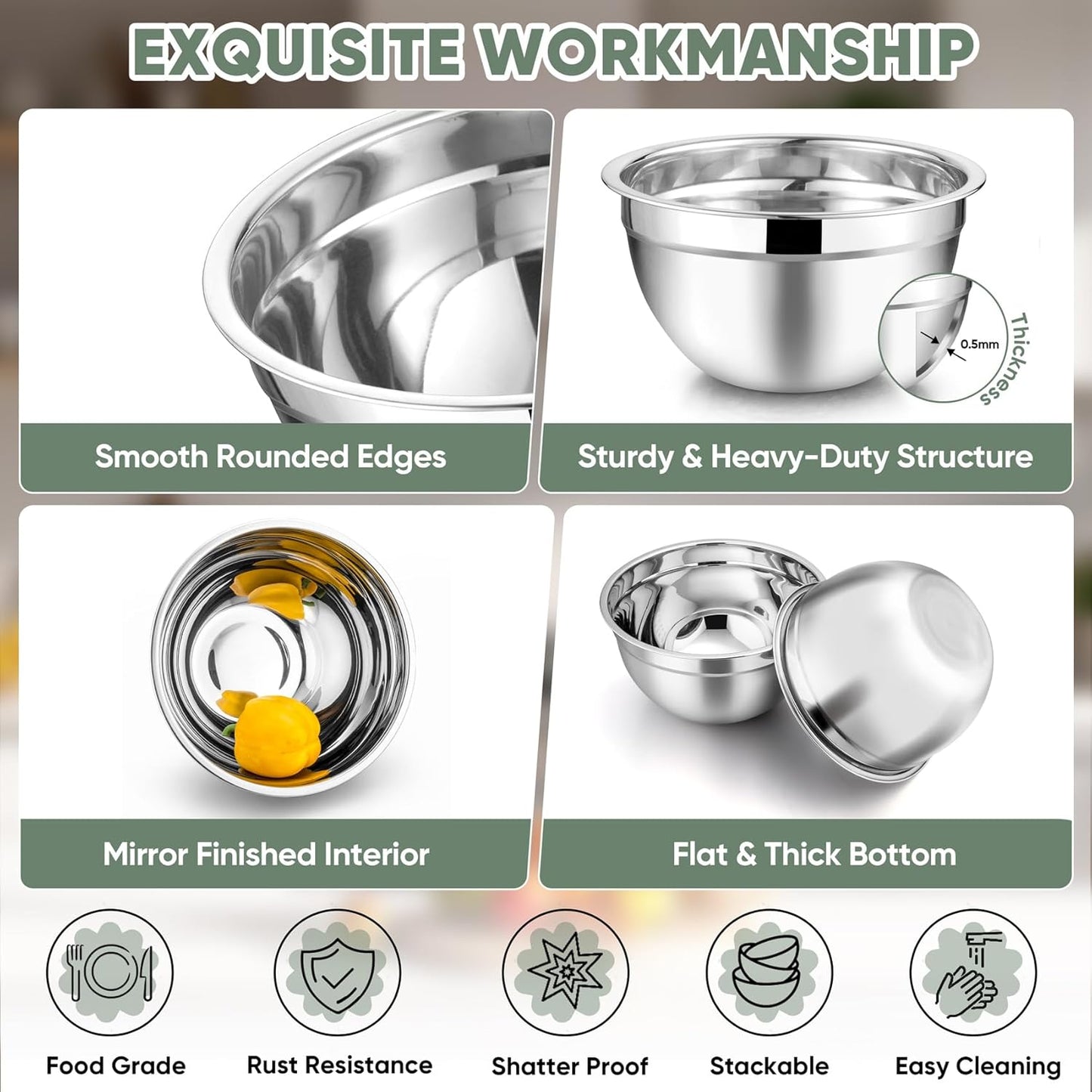 TeamFar Mixing Bowls with Lids, 5-Piece Stainless Steel Metal Nesting Salad Bowl for Mixing Prepping, Healthy & Heavy Duty, Airtight Lids & Dishwasher Safe, 4.5/3/1.5/1/0.7 QT-Khaki