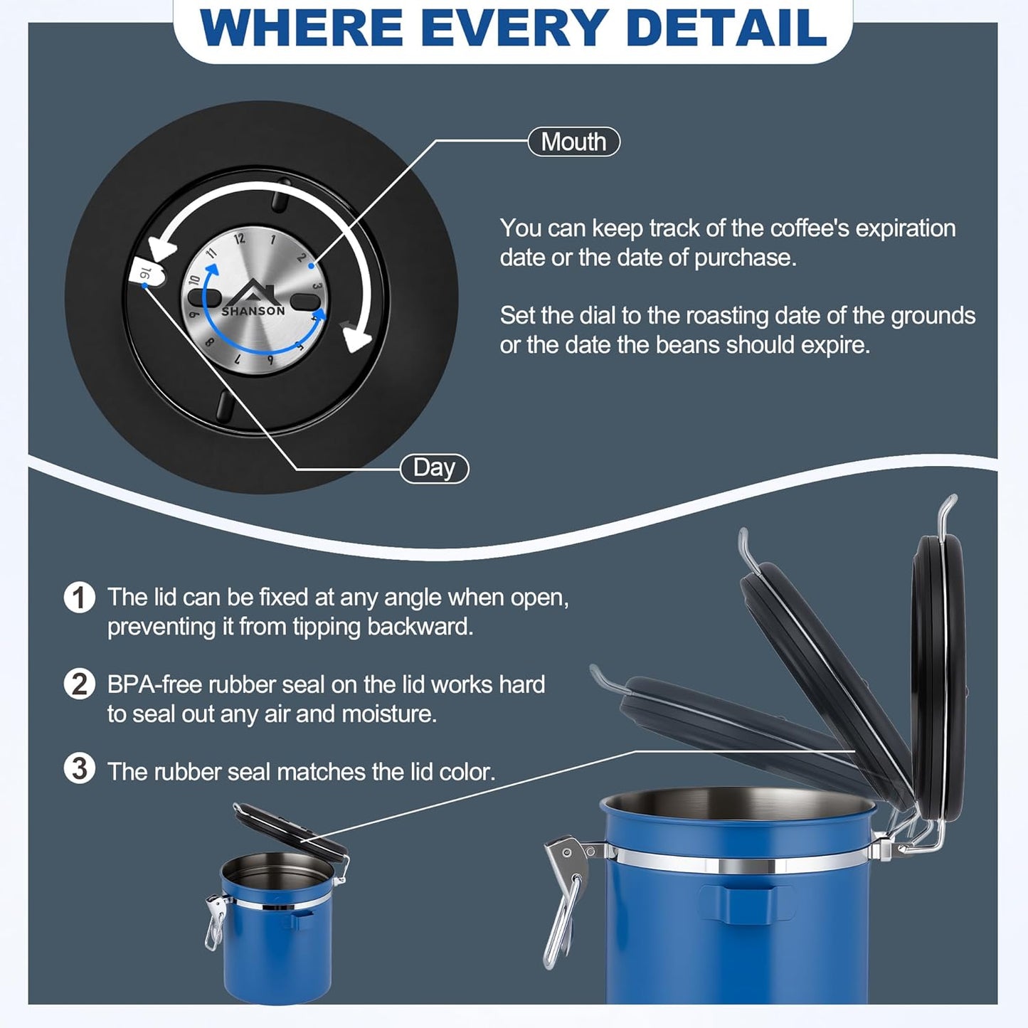 ShanSon Coffee Canister Airtight Coffee Container Stainless Steel Coffee Bean Storage Container with Scoop Coffee Canister for Beans Grounds Sugar Flour Tea Cereal,16OZ,Blue