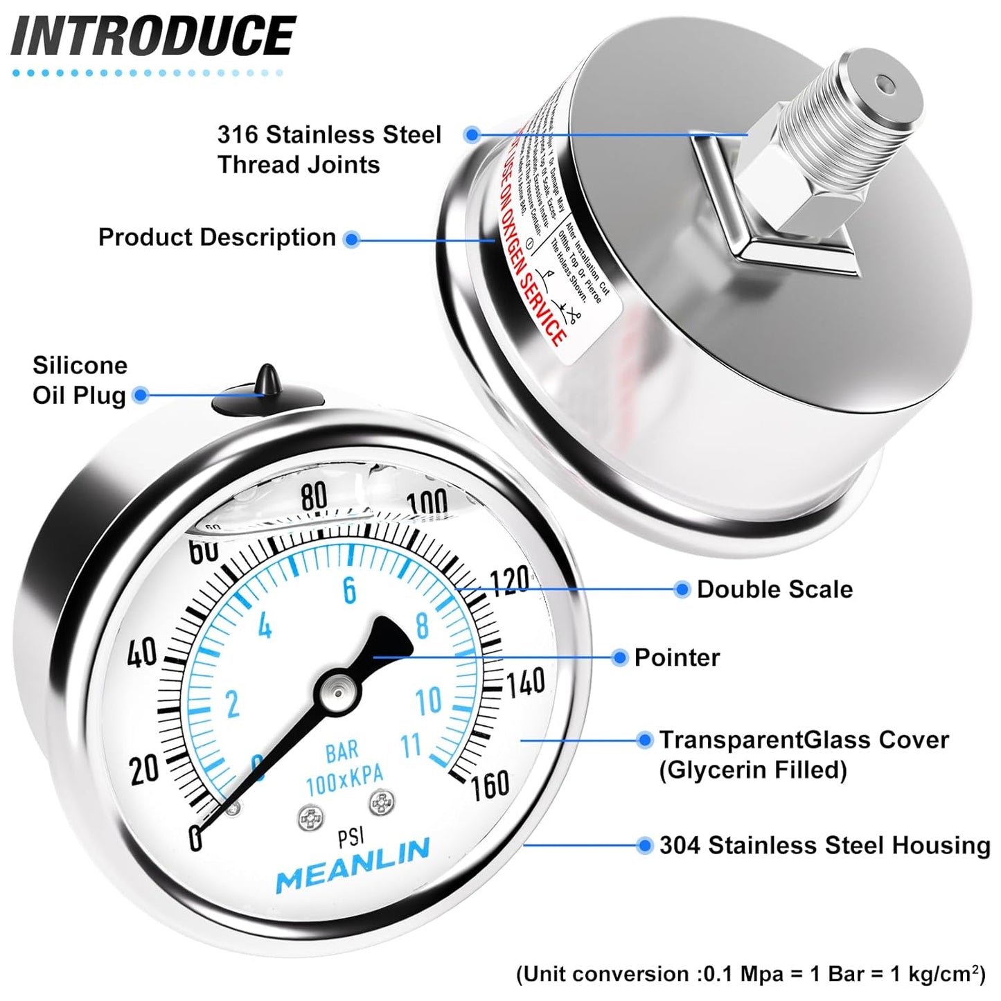 MEANLIN MEASURE 0~160Psi Liquid Filled Pressure Gauge Stainless Steel with 316 Stainless Steel Joint 1/4" NPT 2.5" FACE DIAL for Air Compressor RV Regulator Water Pressure Tester Center Back Mount