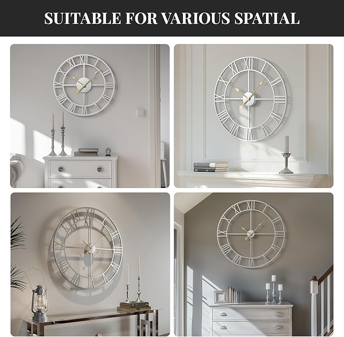 Cuspin 20 Inch Wall Clock Large Silver Decorative Clocks, Modern Metal Round - Image 6