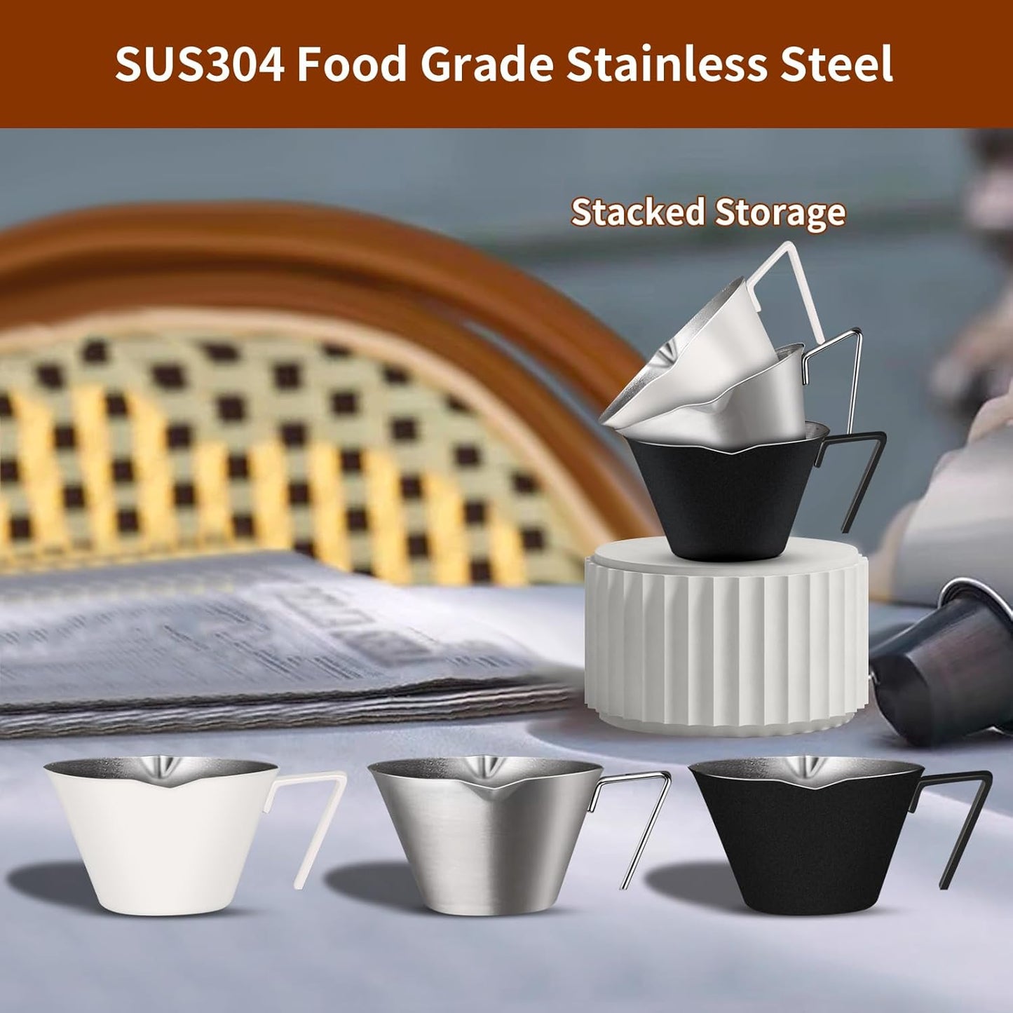 1Pc Stainless Steel Espresso Cups, Double Spout Metal Measuring Cup with Dual Scale, Espresso Shots Cup with Handle, 3.4oz/100ml