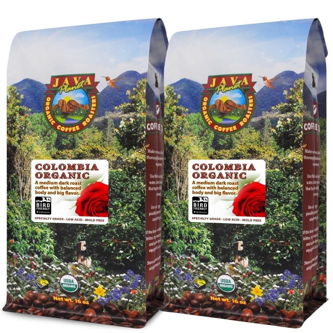 Low Acid Organic Coffee – Whole Bean, Mold-Free & Stomach Friendly by Java Planet, Colombian Single Origin, Medium Dark Roast, Smooth Full Flavored, 2x1LB Bag