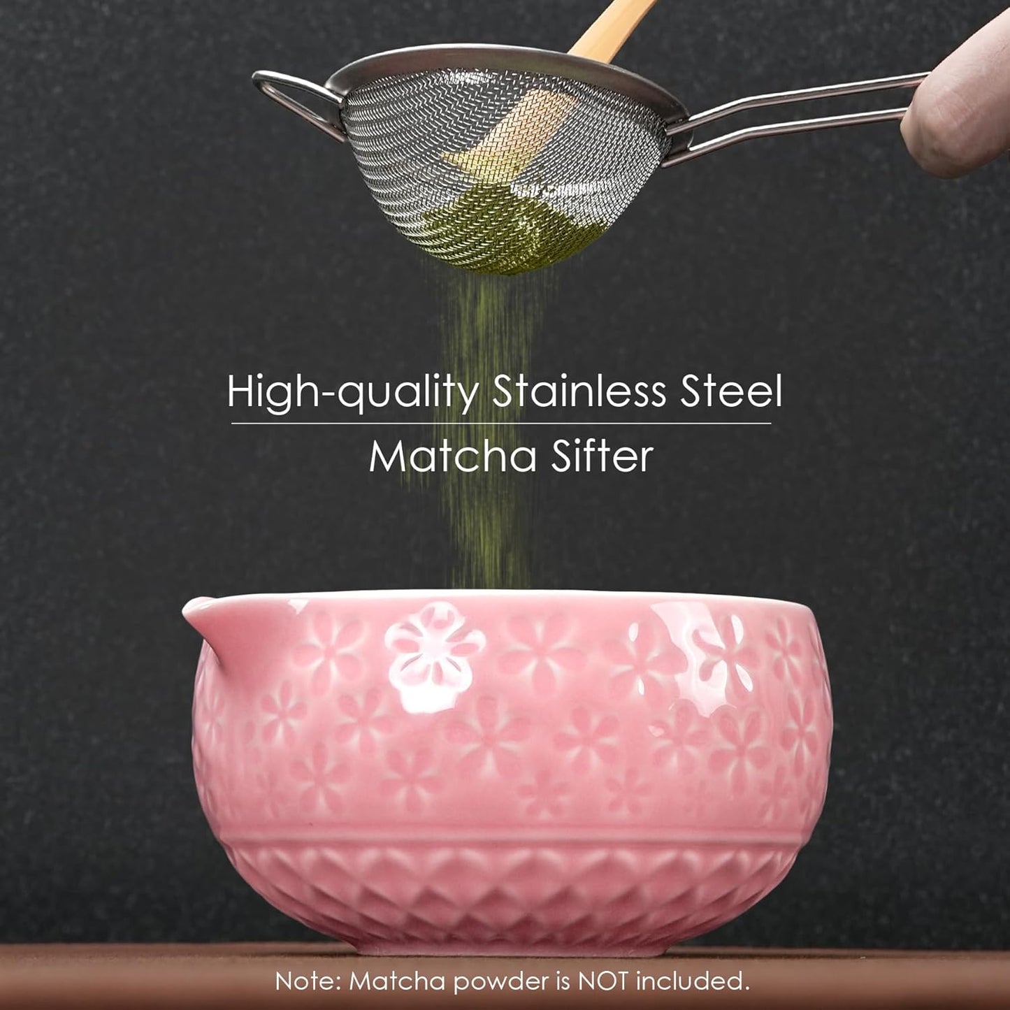 7Pcs Matcha Whisk Set, Ceramic Matcha Bowl with Spout, Bamboo Whisk and Holder, Bamboo Scoop, Scoop Rest, Sifter and Tea Towel, Matcha Kit with Cherry Blossom Carved Patterns for Matcha Lovers (Pink)