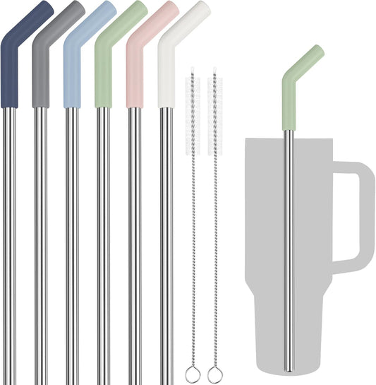 Tomorotec 6-Pack Morandi Colors Silicone Tip Stainless Steel Straws for 40oz Stanley Tumblers with 2 Cleaning Brushes, BPA-Free 13" Long Healthy & Safe for Outdoor & Home Use, Enhances Drink Enjoyment