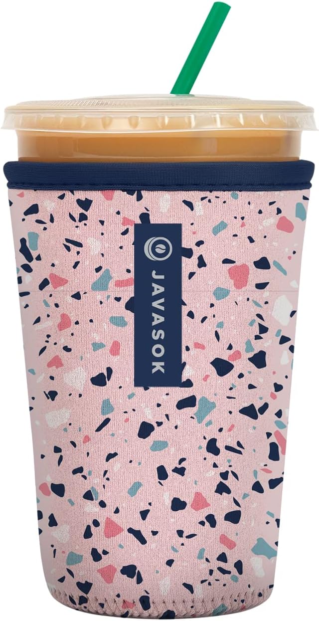 Sok It JavaSok Iced Coffee & Cold Soda Insulated Neoprene Cup Sleeve (Pink Terrazzo, Medium: 22-28oz)