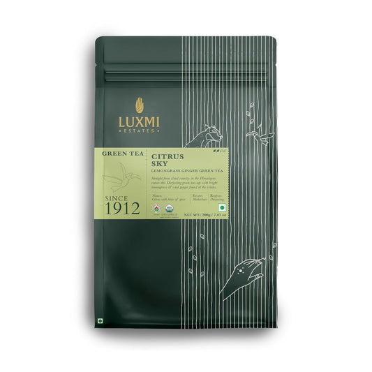 Luxmi Estates Citrus Sky Lemongrass Ginger Green Tea 200g Loose Leaf Pack | Certified Organic Darjeeling Green Tea | Citrus Flavor & Aroma | Natural Lemon Balm Tea - Calming, Supports Digestion | Lemon Grass Leaves | 100 Cups