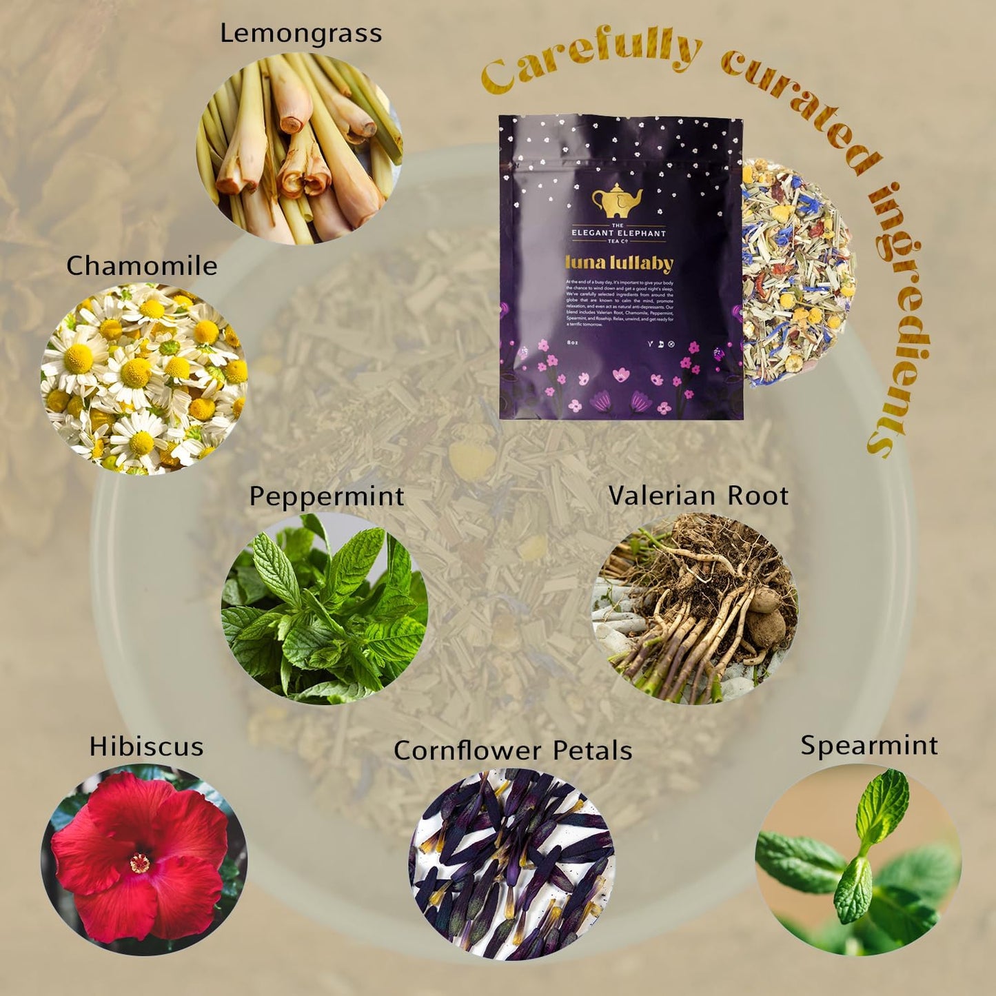 Luna Lullaby Sleep Tea, Organic Loose Leaf Herbal Tea – Calming, Relaxing Bedtime Tea – Chamomile, Valerian Root, Peppermint – 4 oz Resealable Bag (Makes 50 Cups) – The Elegant Elephant