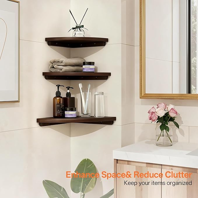 Gieanoo Floating Corner Shelves Set 2 16inch Walnut Solid Oak Rounded Corner - Image 5