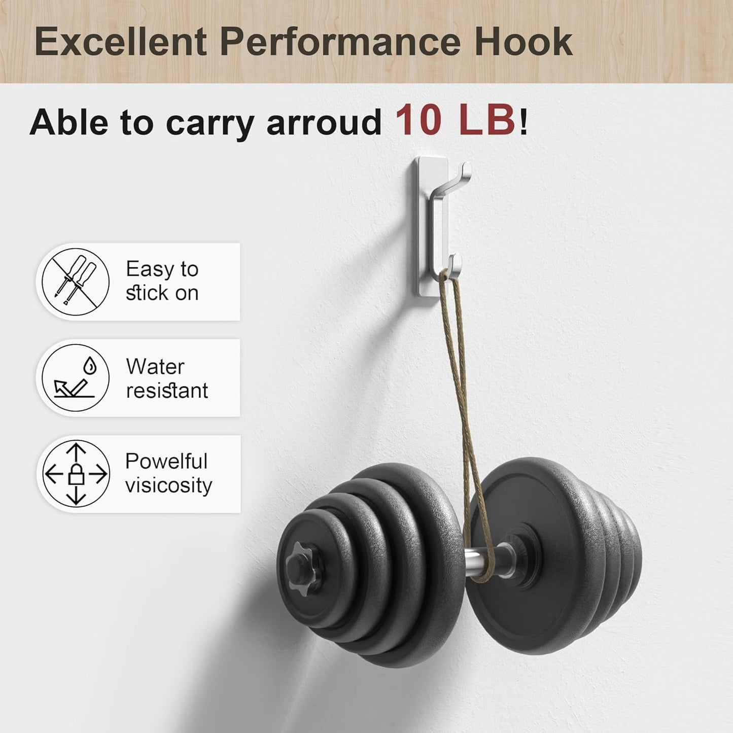 Wall Hooks for Coat and Towel: 13LB Adhesive Door Hanger Stick on, Silver 6 Pack