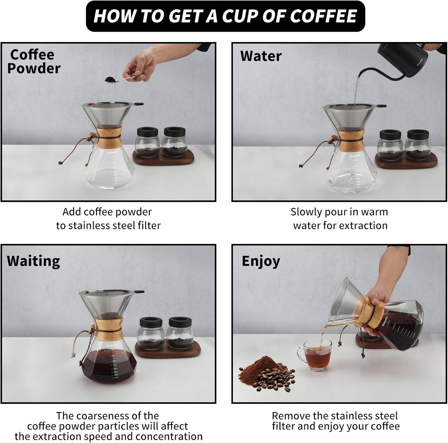 Mongdio 34oz/1000ml Pour Over Coffee Maker with Reusable Stainless Steel Filter and Wooden Collar Holder, 6-8 Cups Borosilicate Glass Coffee Maker for Camping Home, Clear