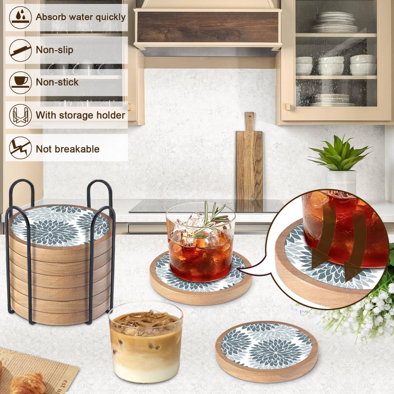 Wood Coasters Set of 8 with Holder, Cewiru Cup Mat for Drinks, Absorbent Coasters with Felt Insert for Coffee Table Protection, Modern Style Home Dining Table Decor, 4.3" Gray