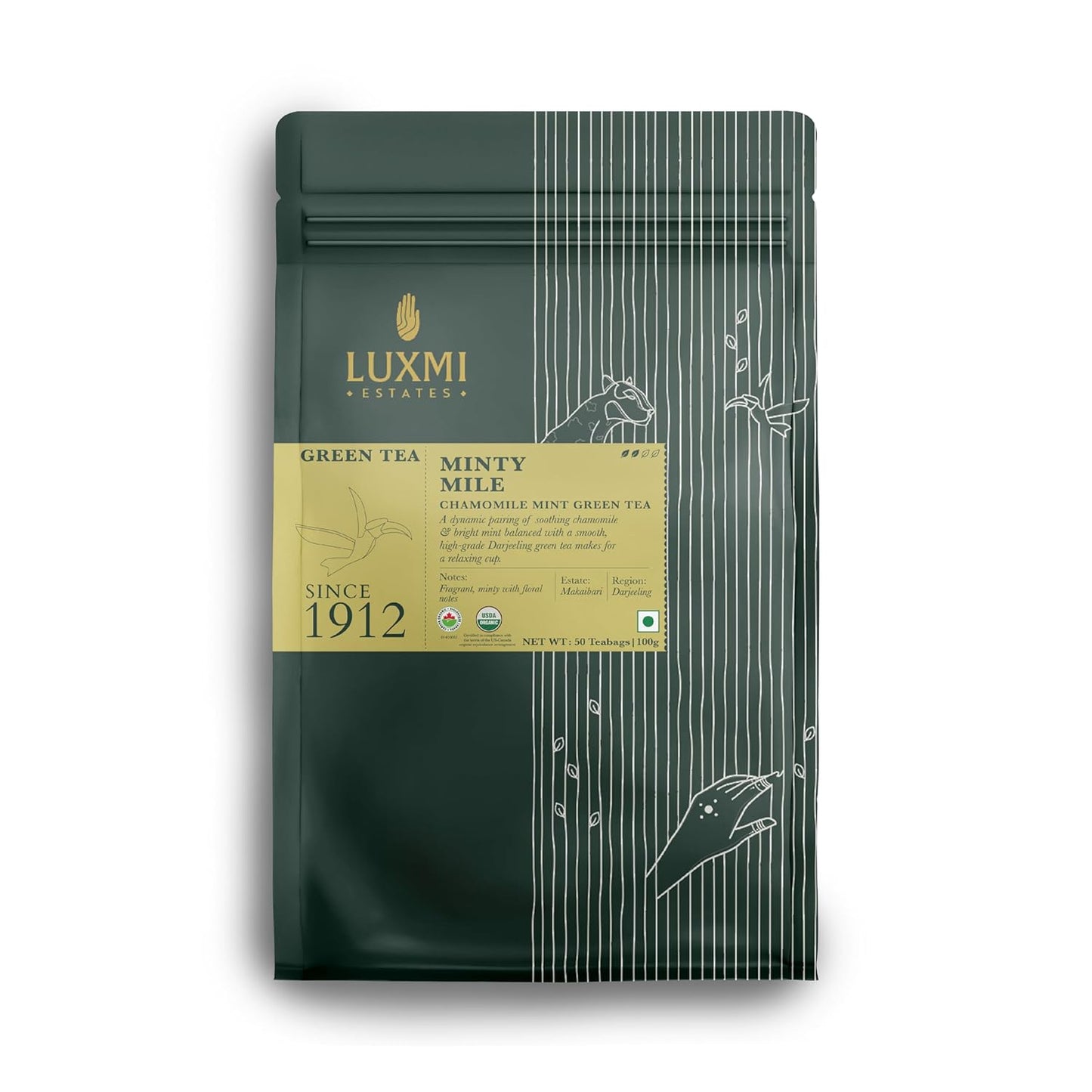Luxmi Estates Minty Mile Organic Chamomile Mint Green Tea (50 Tea Bags) Low Caffeine Tea Bags For Relaxing, Calming, and Stress Relief, With Certified Organic Darjeeling Makaibari Green Tea