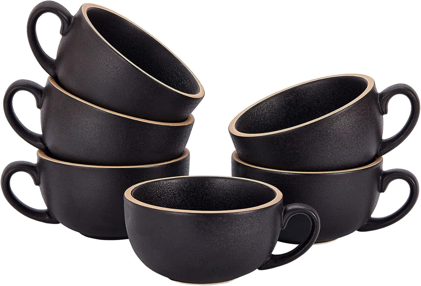 Set of 6 Cups Vintage Design 12 oz Professional Barista Ceramic Latte Art Cappuccino Cups Set (Rough Black * 6)