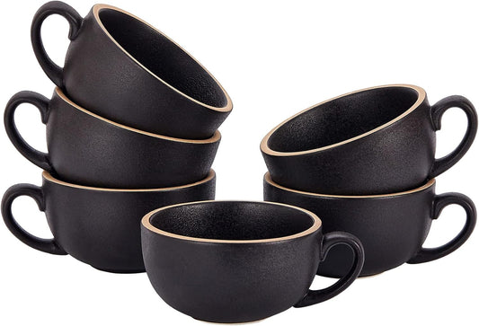 Set of 6 Cups Vintage Design 12 oz Professional Barista Ceramic Latte Art Cappuccino Cups Set (Rough Black * 6)