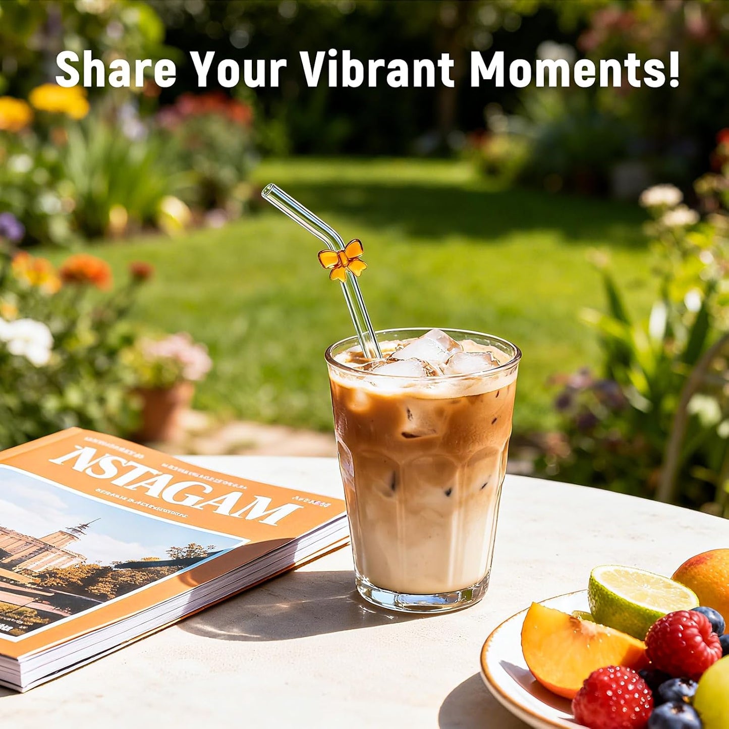 Cute Glass Straws with Charms, Bent 8mm 9in Clear Borosilicate Reusable Drinking Straws with Handmade Colored Bows for Cocktail, Iced Coffee, Tumbler, Mason Jars, Party & Gift Set with Case and Brush