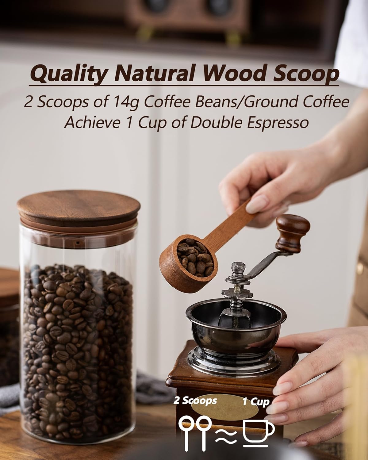 37 oz Coffee Canister with Scoop and Wooden Lids, Airtight Storage Container Sets of 2 for Ground Coffee & Beans, Glass Jars for Coffee Bar Organizer, Kitchen Countertop