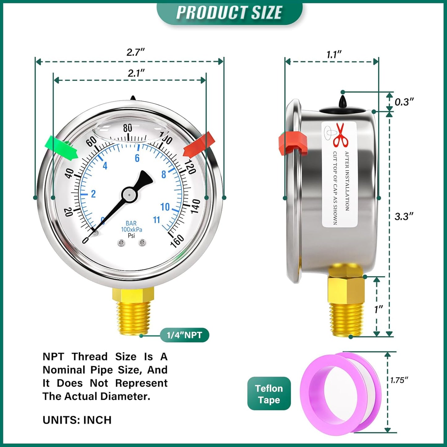 0-160psi Stainless Steel 1/4" NPT 2.5" Dial, Glycerin Liquid Filled Pressure Gauge Lower Mount Designed for Pressure Testing of Water, Oil and Air (with Range Mark Pointer)