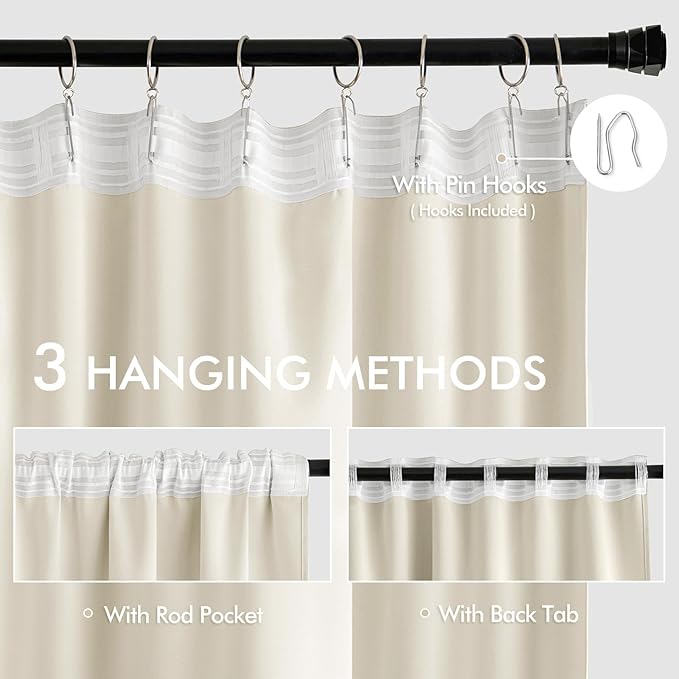 MIULEE Beige White Back Tab Blackout Curtains 120 Inch Long 2 Panels Set - Image 3