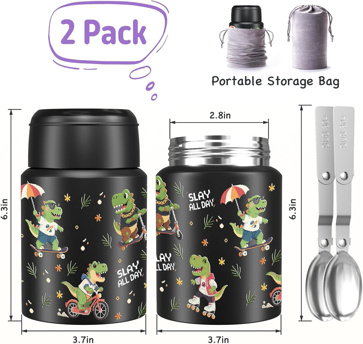 2-Pack Stainless Steel Vacuum Insulated Food Jar with Spoon, Soup Thermo Hot & Cold for Kids & Adults, Leakproof Insulated Lunch Containers with Carry Bag, 17oz.(Black-Dinosaur)