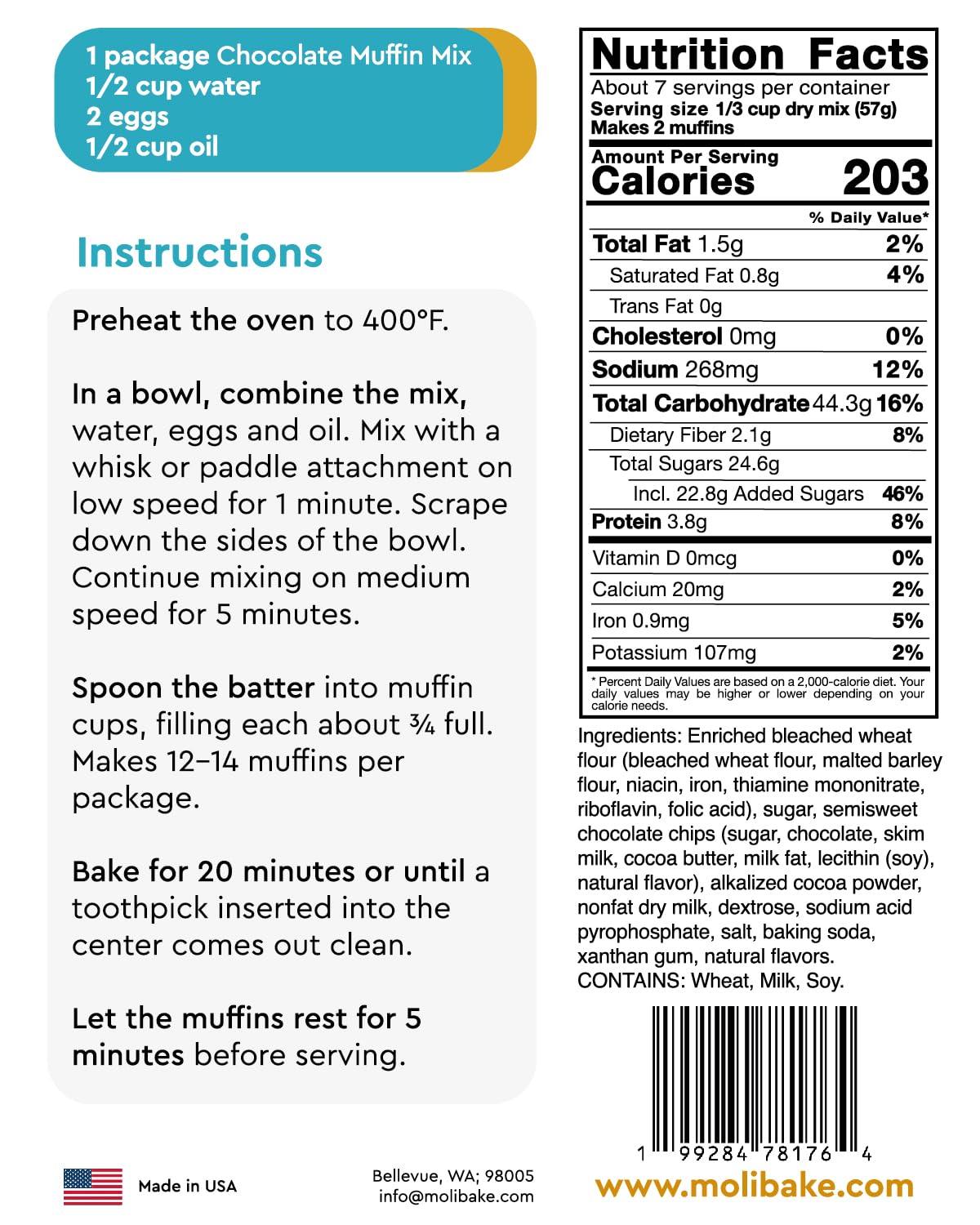 Molibake Chocolate Muffin Mix - Pack of 1 – Premium Chocolate Muffins Baking Mix with Cocoa Powder and Real Chips for Home Oven and Maker – 14 oz – Easy-to-Use Mix for Fluffy, Bakery-Style Homemade