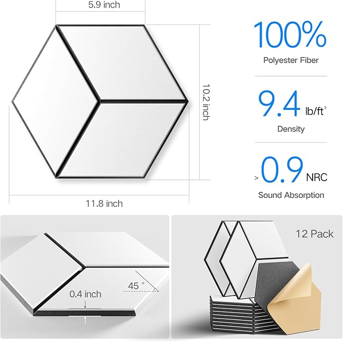 12-Pack Self-Adhesive Acoustic Panels 12" x 10" x 0.4" High-Density, - Image 3